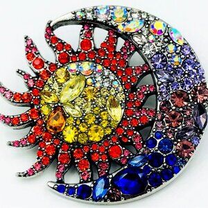 COPY - SUN MOON BRIGHT COLORS RHINESTONE BROOCH SILVERTONE METAL